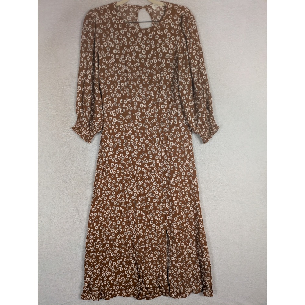Brass & Roe Dress Women's Large Rust Brown Floral Long Sleeve Slit Midi